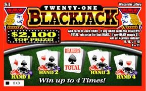 Twenty-One Blackjack instant scratch ticket from Wisconsin Lottery - unscratched
