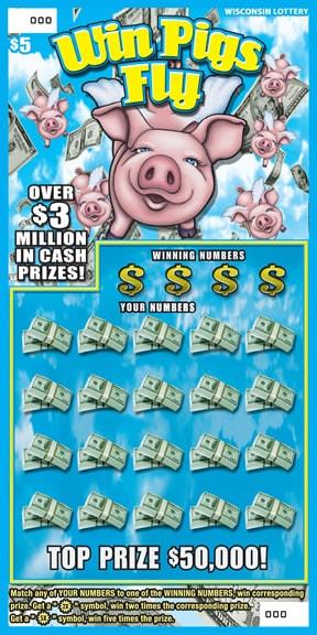 Win Pigs Fly instant scratch ticket from Wisconsin Lottery - unscratched