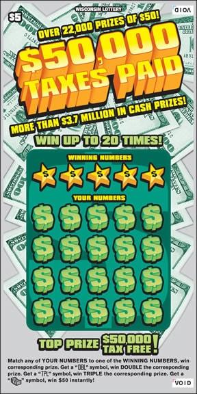 $50,000 Taxes Paid instant scratch ticket from Wisconsin Lottery - unscratched
