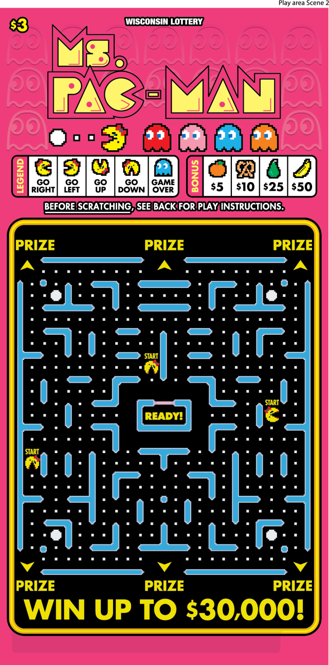 Wisconsin Scratch Game, Ms.Pac-Man pink background with yellow text.