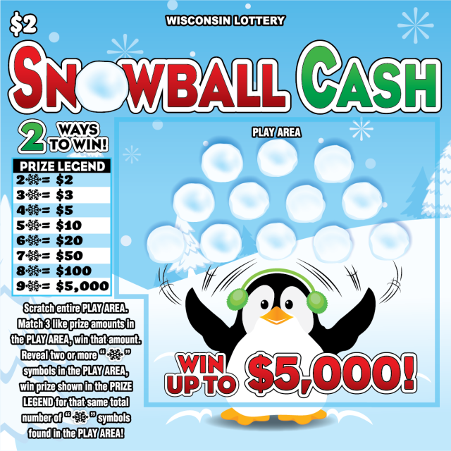 Wisconsin Scratch Game, Snowball Cash blue and white snowy background with a penguin and red and green text.