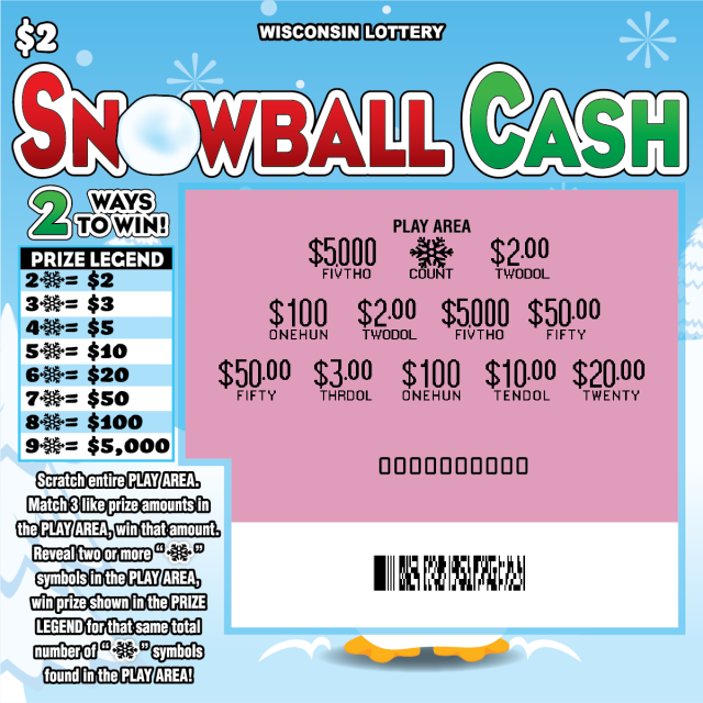 Wisconsin Scratch Game, Snowball Cash blue and white snowy background with a penguin and red and green text, scratched.