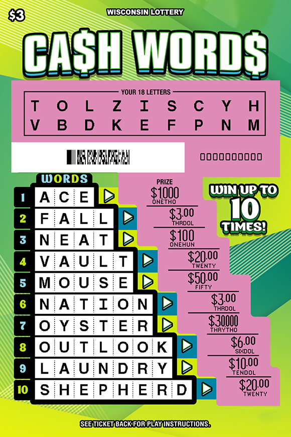 Wisconsin Scratch Game, Cash Words green and teal abstract background with white text, scratched.