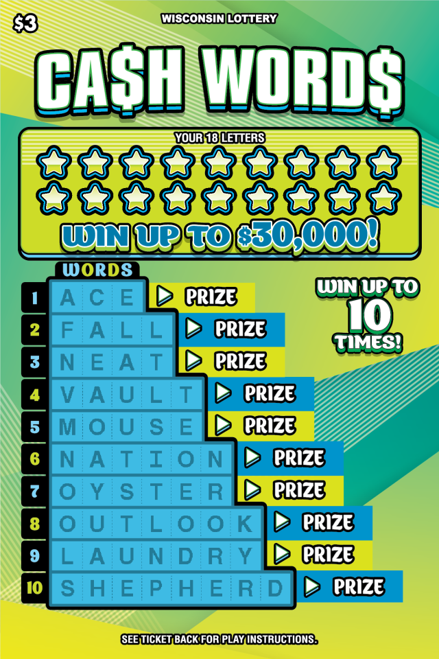 Wisconsin Scratch Game, Cash Words green and teal abstract background with white text.