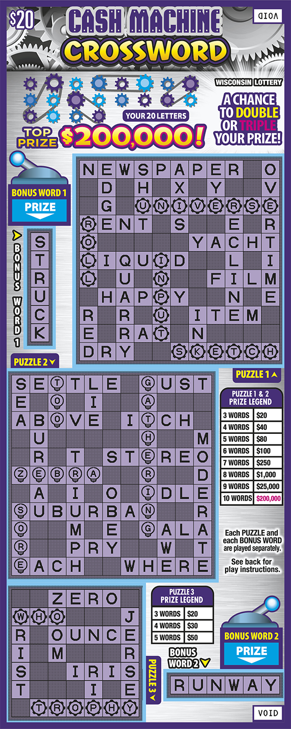 Wisconsin Scratch Game, Cash Machine Crossword white and purple machinery background with purple and yellow text.