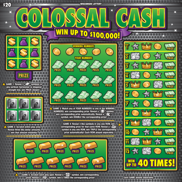 Wisconsin Scratch Game, Colossal Cash grey metal background with green and yellow text.