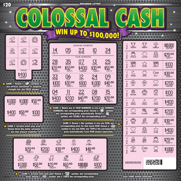 Wisconsin Scratch Game, Colossal Cash grey metal background with green and yellow text, scratched.