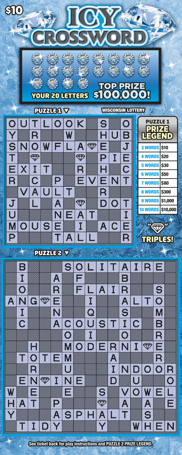 Wisconsin Scratch Game, Icy Crossword blue and white background with black and white text.