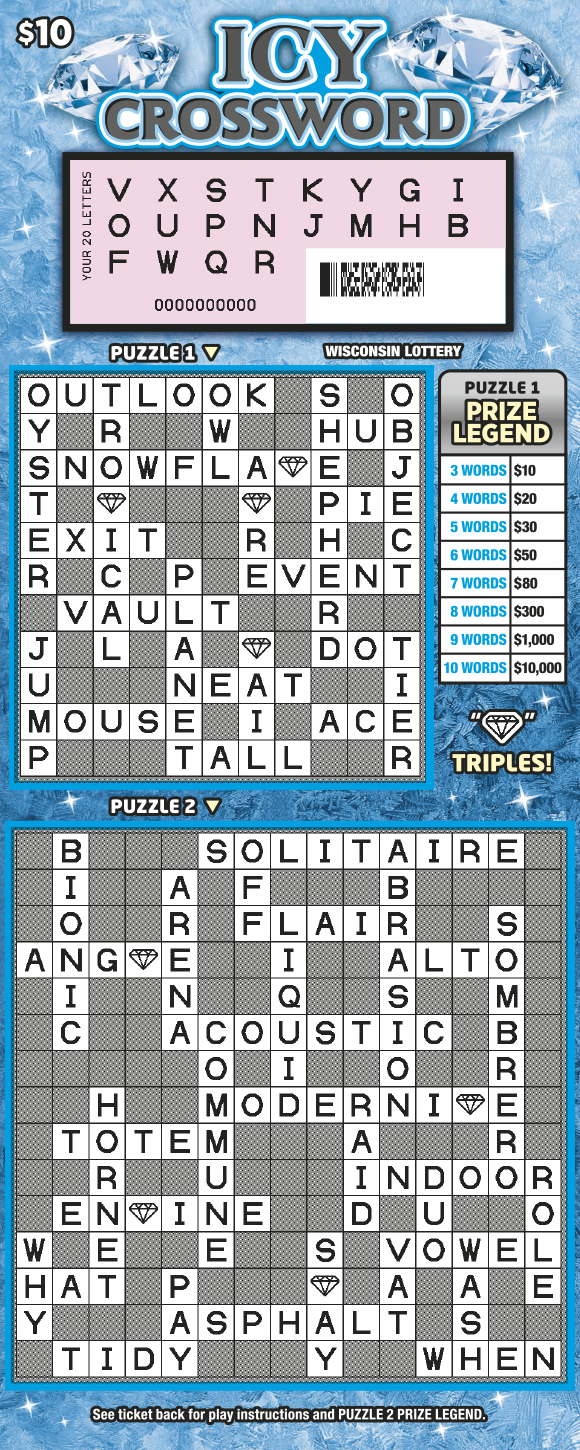 Wisconsin Scratch Game, Icy Crossword blue and white background with black and white text, revealed.