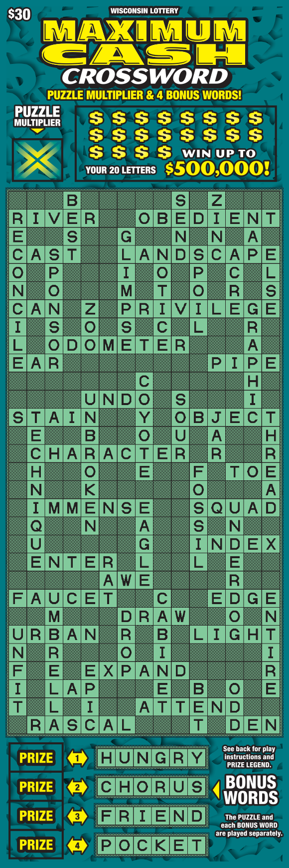 Wisconsin Scratch Game, Maximum Cash Crossword teal background with yellow text.