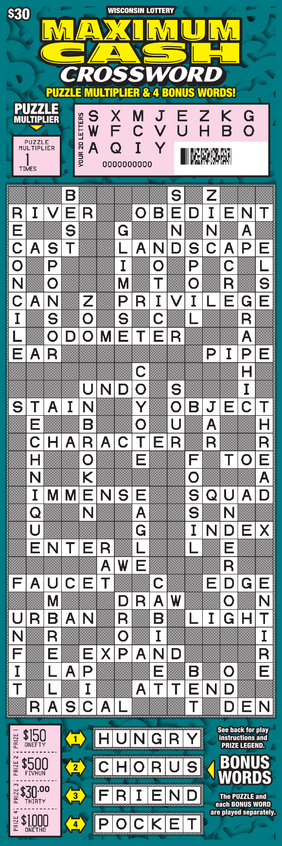 Wisconsin Scratch Game, Maximum Cash Crossword teal background with yellow text, scratched.