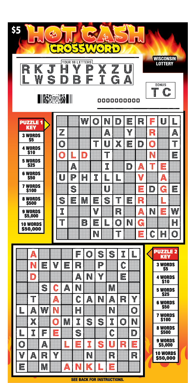 Wisconsin Scratch Game, Hot Cash Crossword with a fire background and orange and yellow flaming text, scratched.