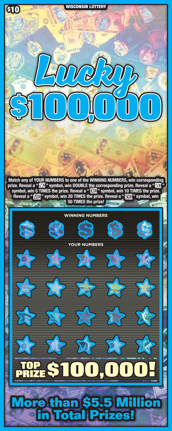 Wisconsin Scratch Game, Lucky $100,000 blue and orange holographic background with blue outlines and blue text.