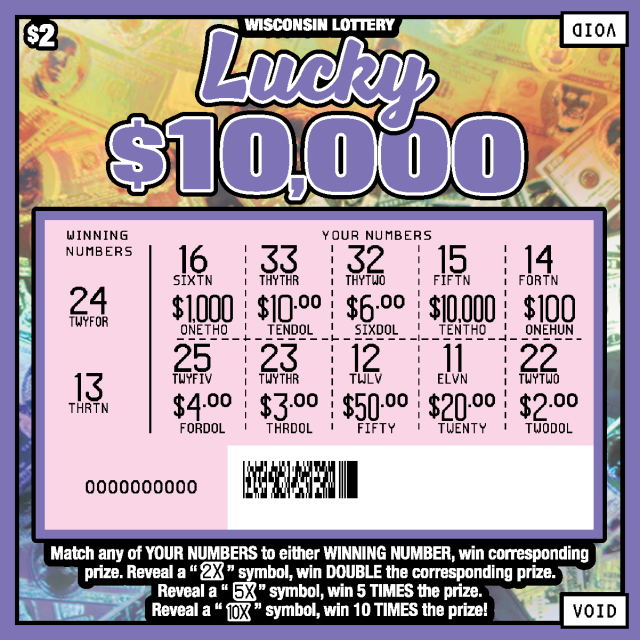 Wisconsin Scratch Game, Lucky $10,000 blue and orange holographic background with purple outlines and purple text, revealed.