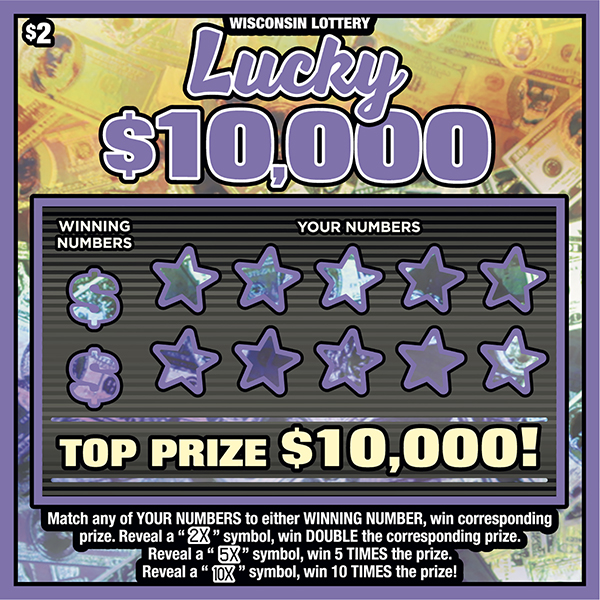 Wisconsin Scratch Game, Lucky $10,000 blue and orange holographic background with purple outlines and purple text.
