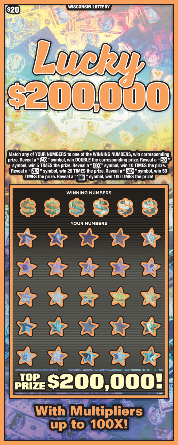 Wisconsin Scratch Game, Lucky $200,000 blue and orange holographic background with orange outlines and orange text.