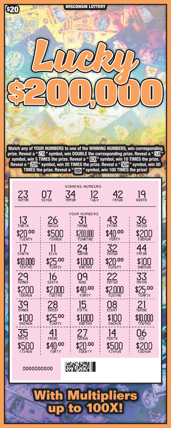 Wisconsin Scratch Game, Lucky $200,000 blue and orange holographic background with orange outlines and orange text, revealed.
