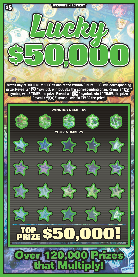 Wisconsin Scratch Game, Lucky $50,000 blue and orange holographic background with green outlines and green text.