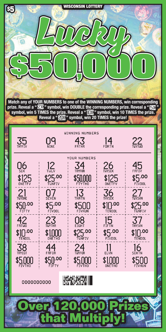 Wisconsin Scratch Game, Lucky $50,000 blue and orange holographic background with green outlines and green text, revealed.