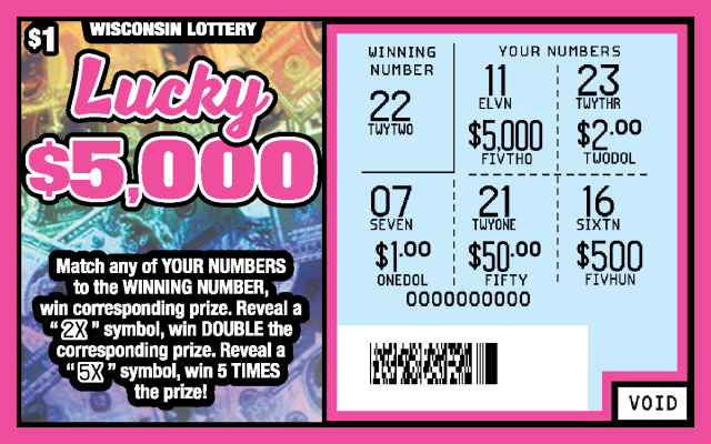 Wisconsin Scratch Game, Lucky $5,000 blue and orange holographic background with pink outlines and pink text, revealed.