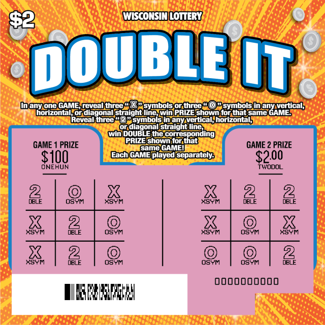 Wisconsin Scratch Game, Double It orange burst background with silver coins and blue and white text, scratched.