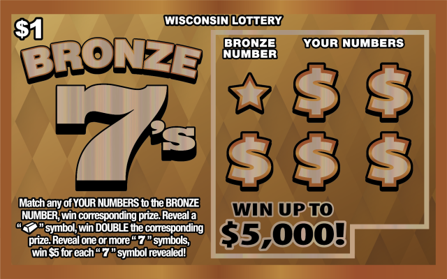 Wisconsin Scratch Game, Bronze 7's bronze holographic background with bronze and black text.