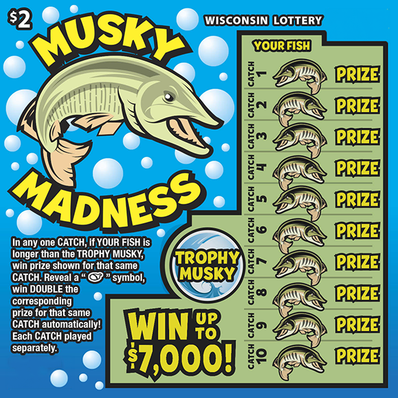 Wisconsin Scratch Game, Musky Madness blue water with bubbles and a musky with yellow text.