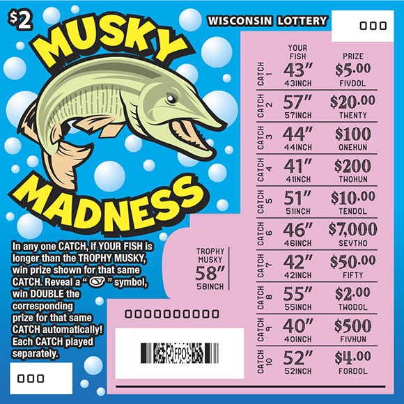 Wisconsin Scratch Game, Musky Madness blue water with bubbles and a musky with yellow text, scratched.