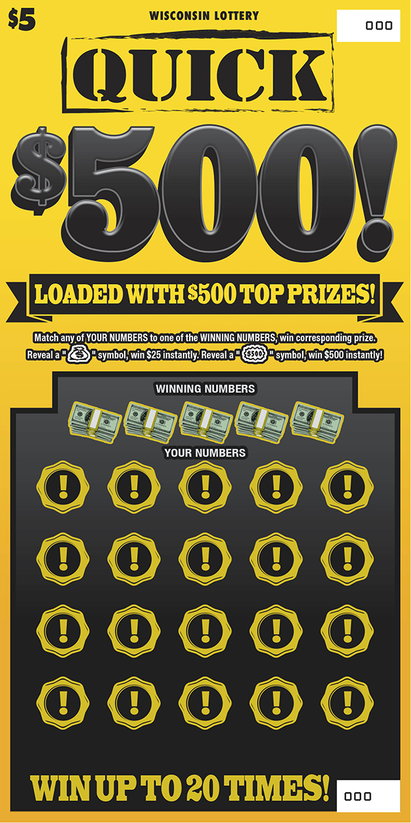 Wisconsin Scratch Game, Quick $500 yellow background with black text.