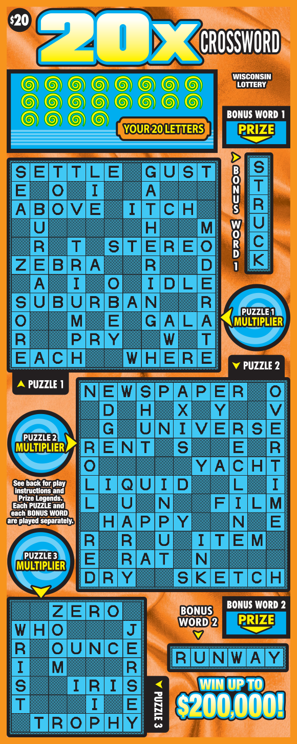 Wisconsin Scratch Game, 20X Crossword orange background with yellow text and blue play area.