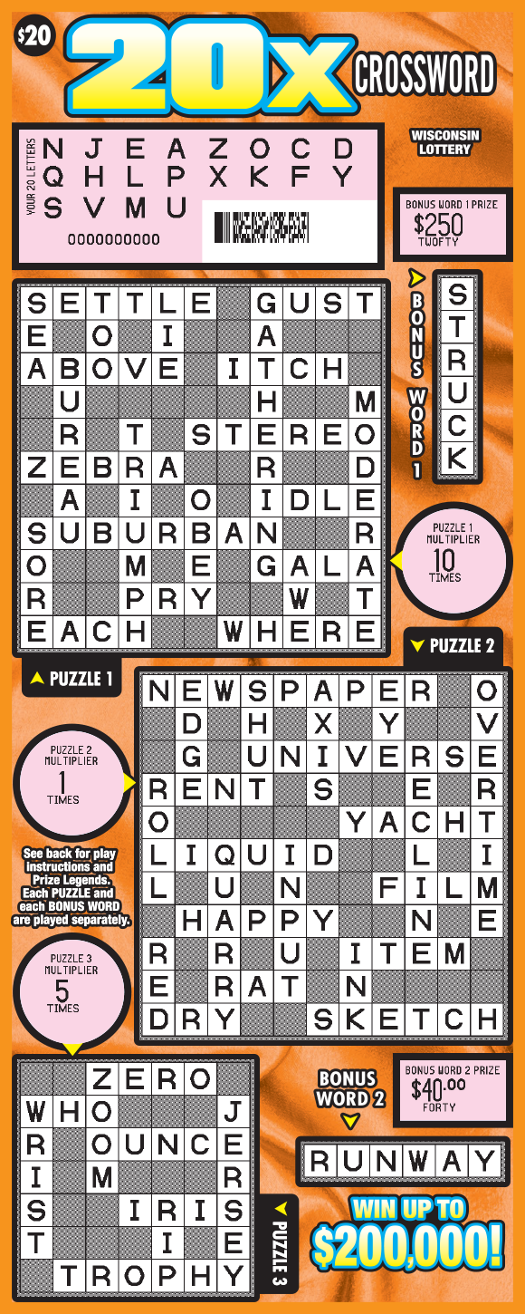 Wisconsin Scratch Game, 20X Crossword orange background with yellow text, scratched.