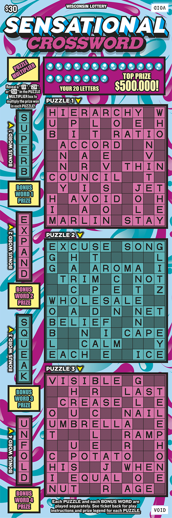 Wisconsin Scratch Game, Sensational Crossword blue and pink background with white and pink text.