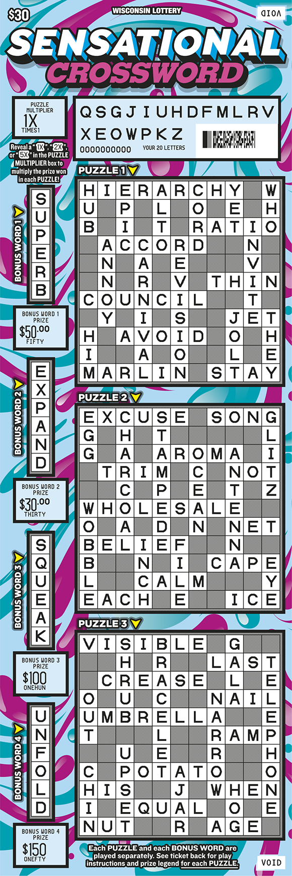 Wisconsin Scratch Game, Sensational Crossword blue and pink background with white and pink text, scratched.