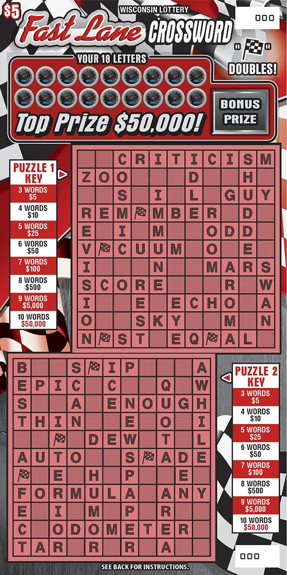 Wisconsin Scratch Game, Fast Lane Crossword black and white checkered background with red and white text.