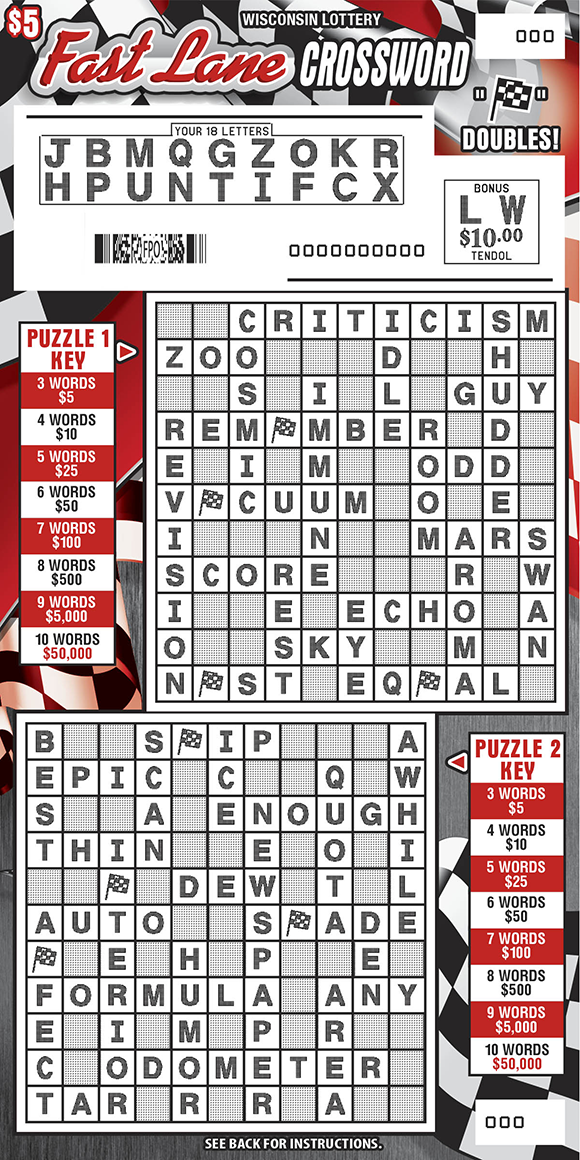 Wisconsin Scratch Game, Fast Lane Crossword black and white checkered background with red and white text, revealed.
