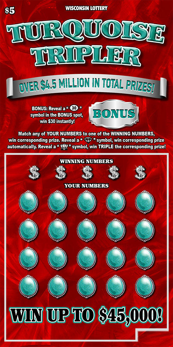 Wisconsin Scratch Game, Turquoise Tripler red background with turquoise text.