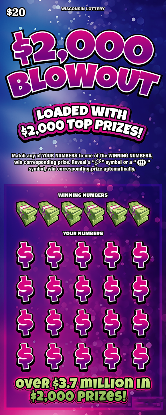 Wisconsin Scratch Game, $2,000 Blowout purple and pink gradient background with pink, white, and green text.