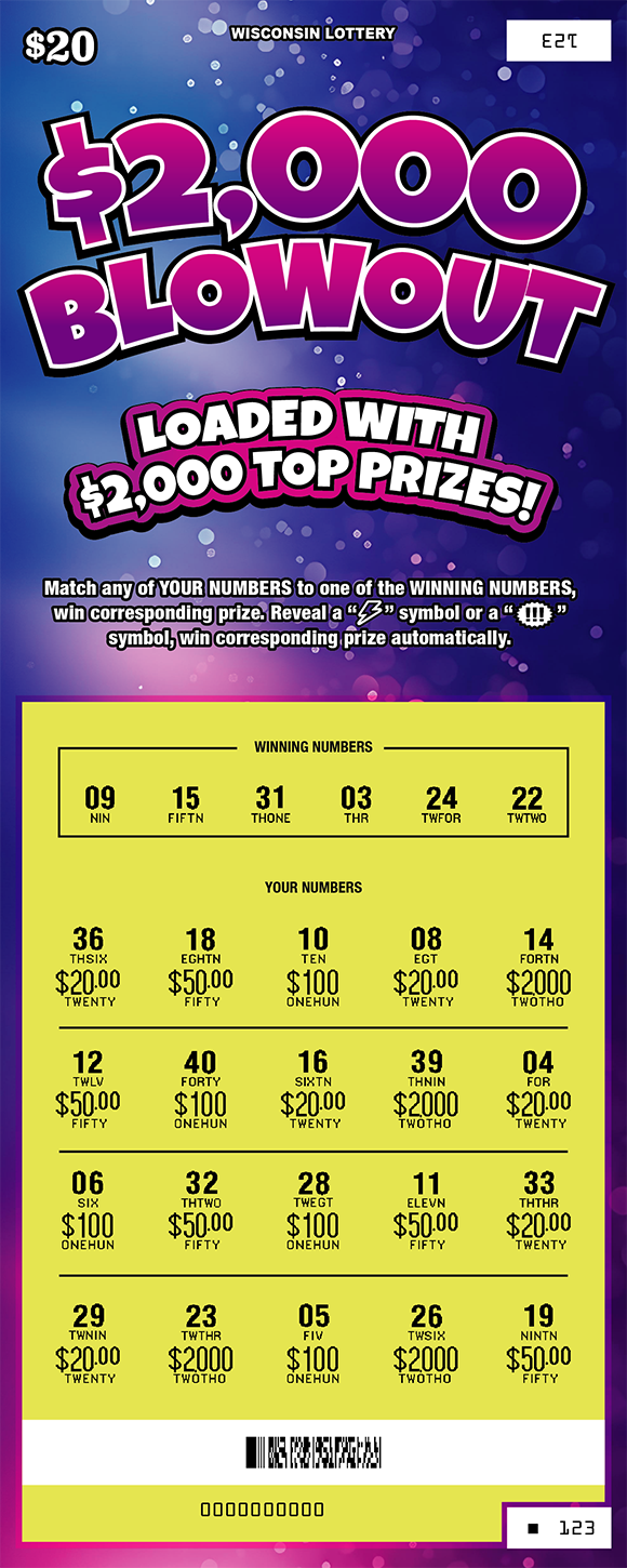 Wisconsin Scratch Game, $2,000 Blowout purple and pink gradient background with pink, white, and green text, revealed.