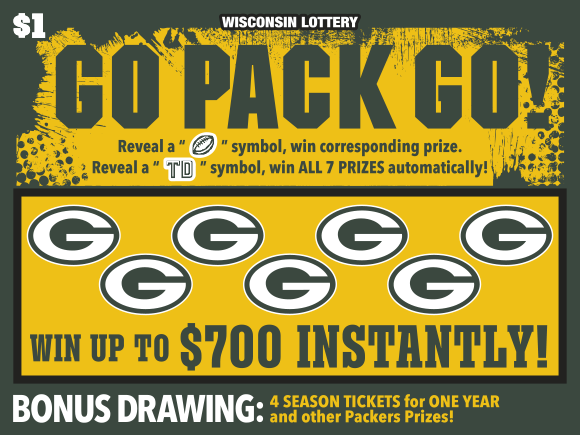 Wisconsin Scratch Game, Go Pack Go green and gold background with green text.