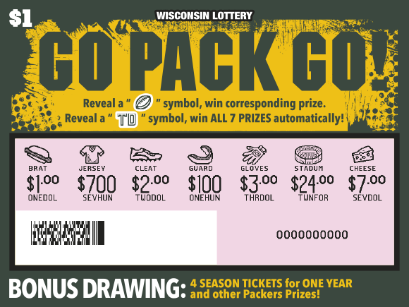 Wisconsin Scratch Game, Go Pack Go green and gold background with green text, revealed.