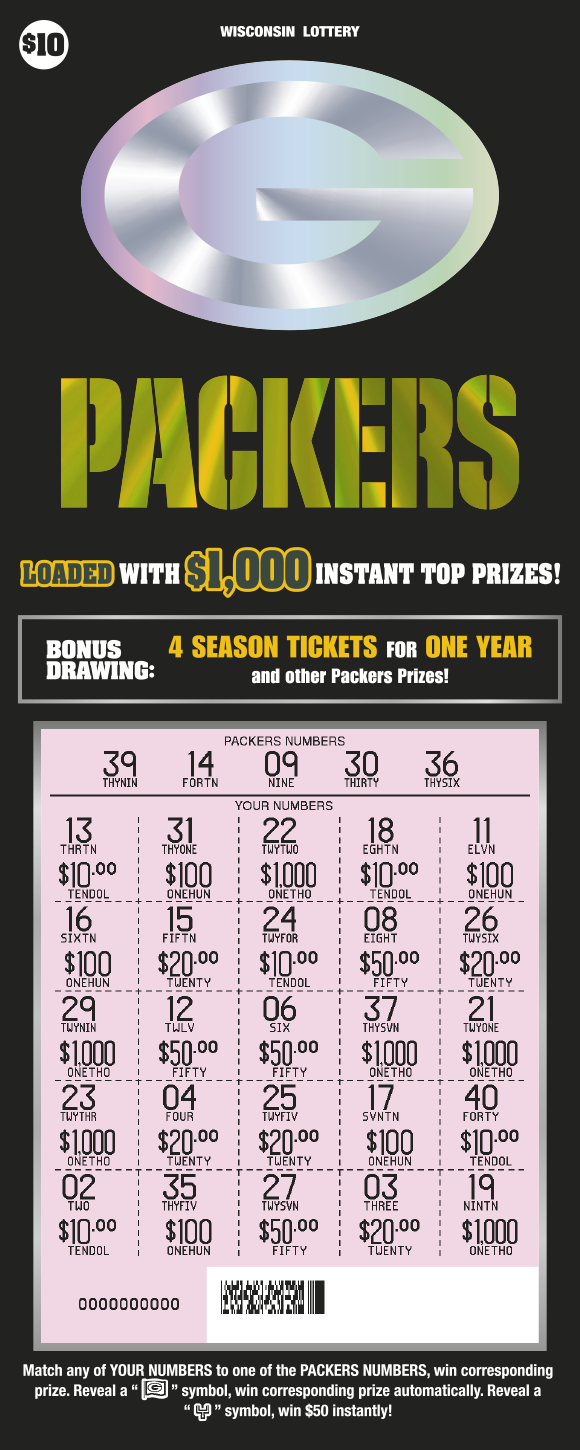 Wisconsin Scratch Game, Packers black background with holographic gold text, revealed.