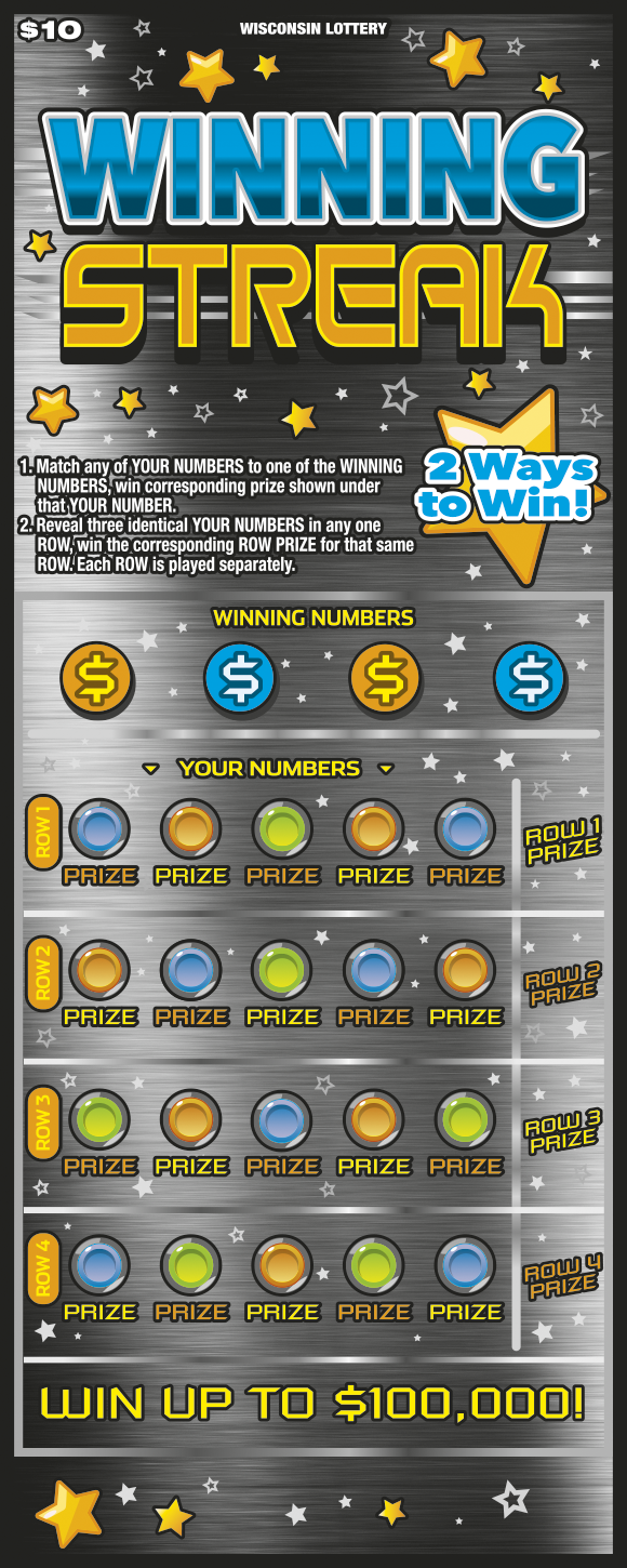 Wisconsin Scratch Game, Winning Streak grey background with yellow stars and blue and yellow text.
