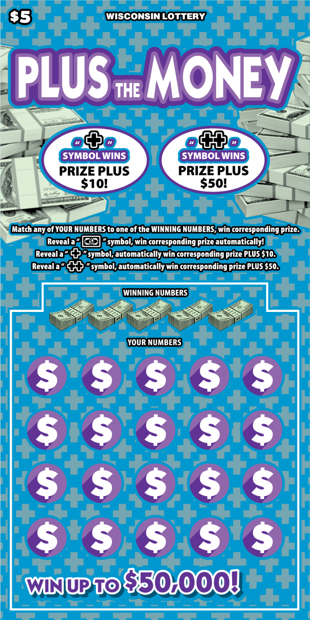 Wisconsin Scratch Game, Plus the Money blue background with white and purple text.