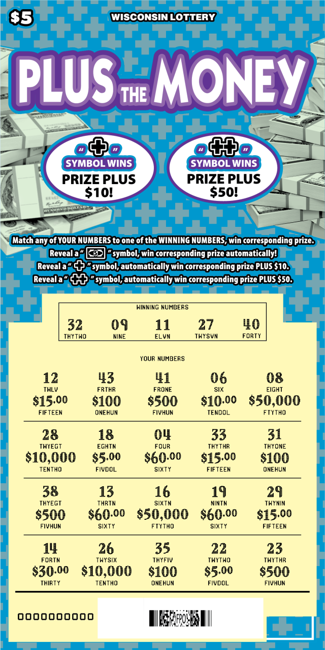 Wisconsin Scratch Game, Plus the Money blue background with white and purple text, revealed.