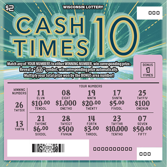 Wisconsin Scratch Game, Cash Times 10 teal burst background with gold and turquoise text, scratched.