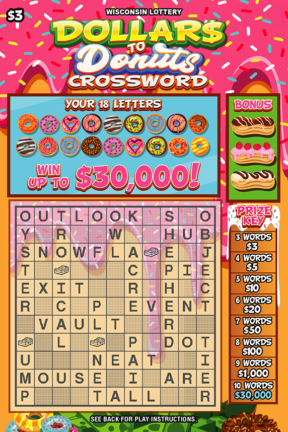 Wisconsin Scratch Game, Dollars to Donuts Crossword pink donut with sprinkles background and yellow and white text.