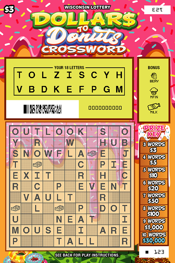 Wisconsin Scratch Game, Dollars to Donuts Crossword pink donut with sprinkles background and yellow and white text, scratched.