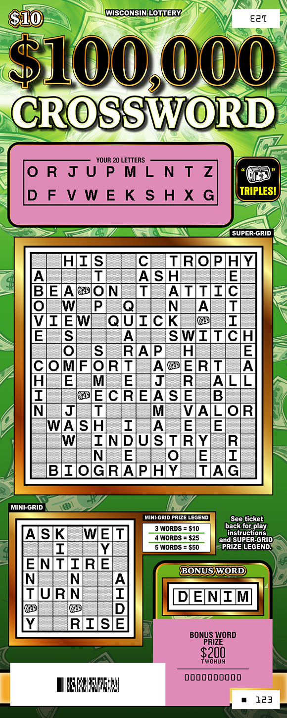 Wisconsin Scratch Game, $100,000 Crossword green money background with black and white text, scratched.