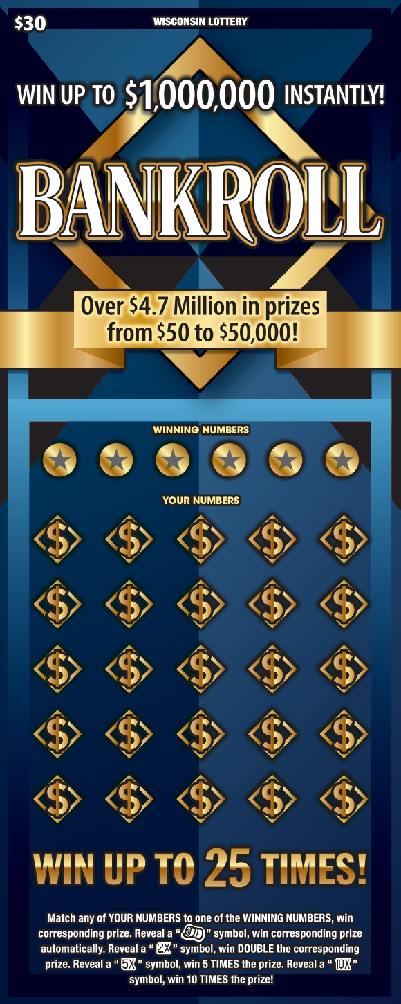 Wisconsin Scratch Game, Bankroll blue and gold background with white and black text.