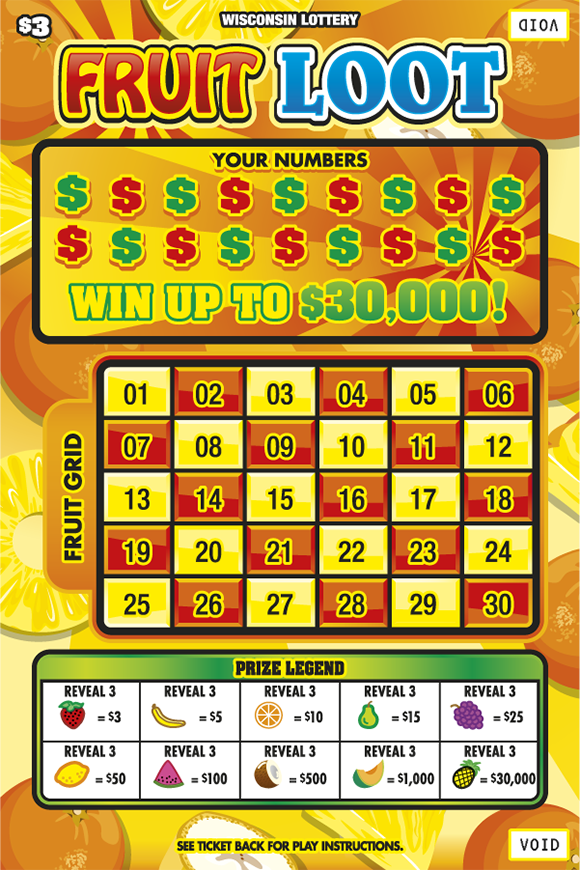 Wisconsin Scratch Game, Fruit Loot variety of orange and yellow fruit background with red, blue, yellow, and green text.